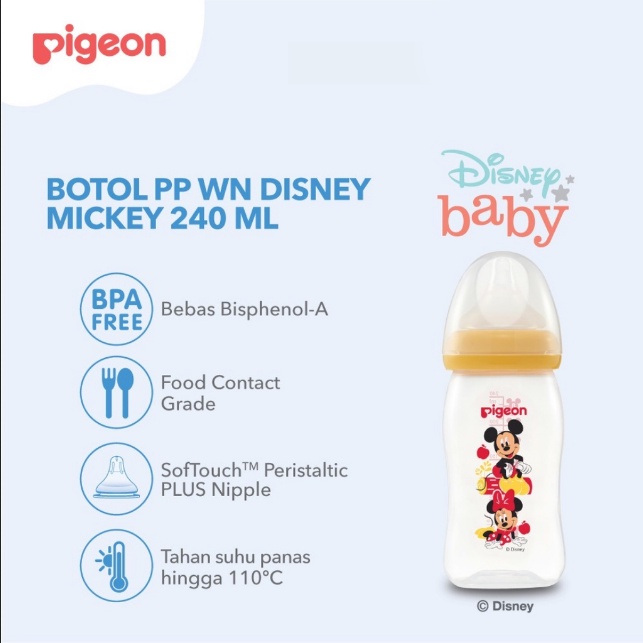 BOSU354 PIGEON BOTOL SUSU DISNEY MICKEY PP WIDE NECK 240 ML W/ P-PLUS NIPPLE