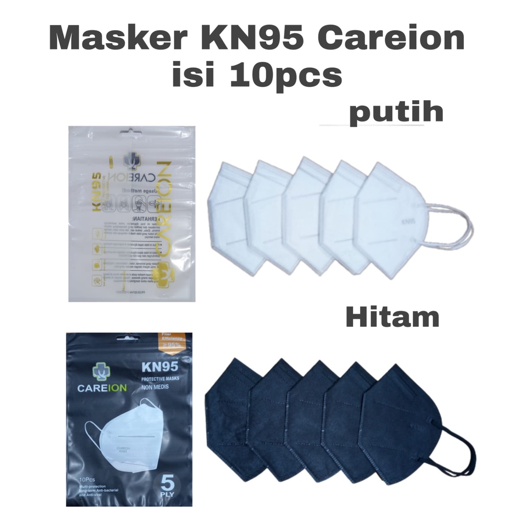 Masker CAREION KN95 Isi 10pc Masker KN 95 5ply Disposable Face Mask Masker N 95 ORIGINAL - Putih / Hitam