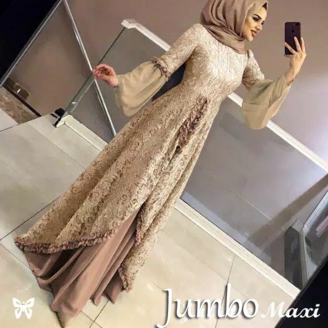 Gamis Pesta Brokat Jumbo Kondangan 3 2 XL L gaun dress baju pesta putih muslimah brokat lebaran juli