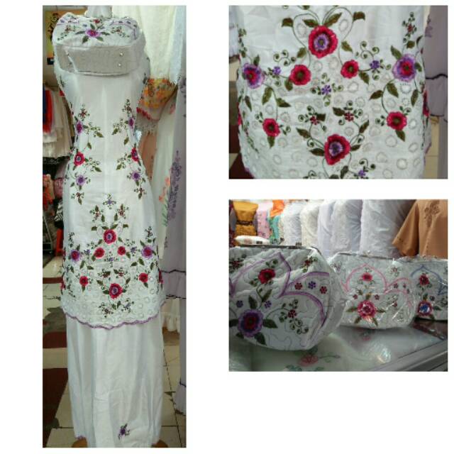 Mukena bordir mesin, bahan sutra wos, bahan sejuk/ ringan, pakai tas, khas bukittinggi