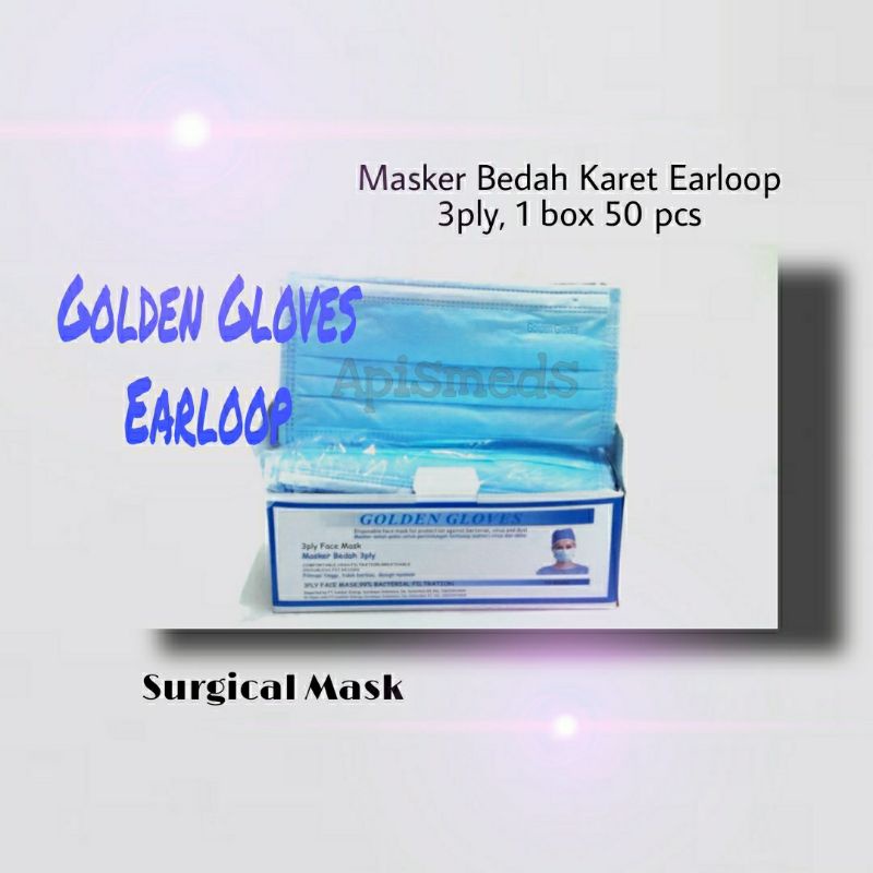 Masker Medis / Surgical Face Mask Earloop / Masker 3 Ply Golden Gloves 1 box isi 50