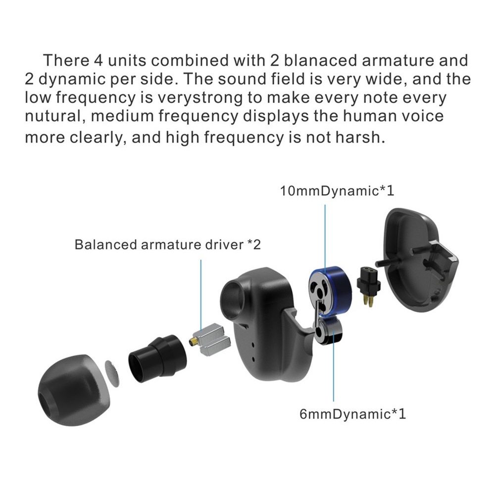 Bqeyz KC2 Headset HiFi Stereo 2DD + 2DA Quad Driver Dengan Kabel Bisa Dilepas