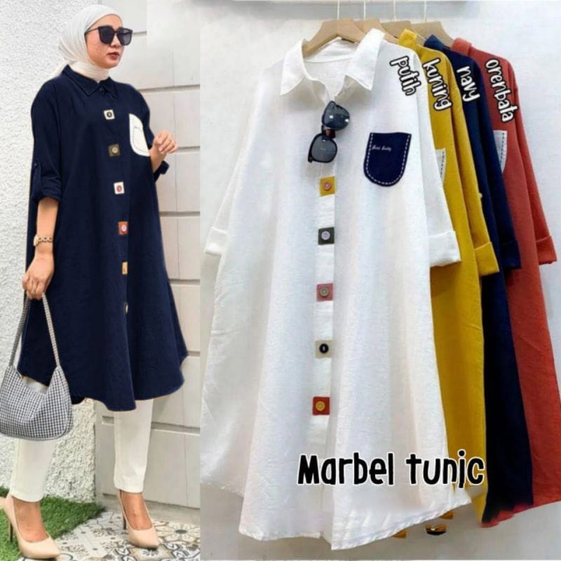 Baju Atasan Marbel Long Tunik Linen Polos Kancing Katun Rayon Crinkle Premium Fashion Wanita Remaja 