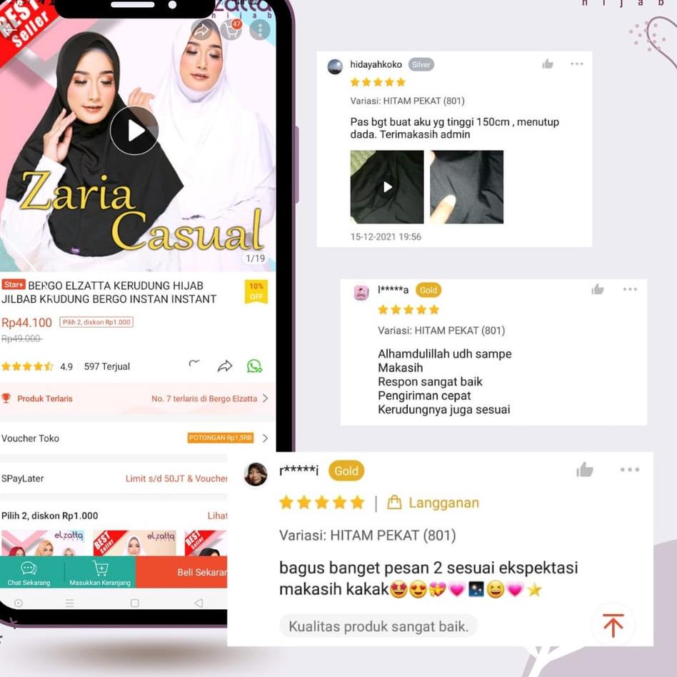 Telah Hadir.. BERGO ELZATTA KERUDUNG HIJAB JILBAB KRUDUNG BERGO INSTAN  LANGSUNG HITAM PUTIH POLOS E