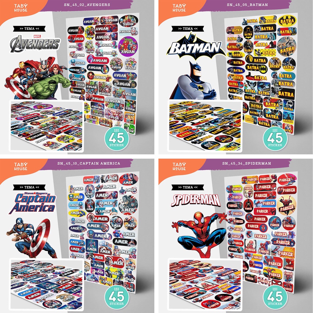 

Sticker nama superhero - 45 pcs ( AVENGERS , BATMAN, CAPTAIN AMERICA, SPIDERMAN ) waterproof