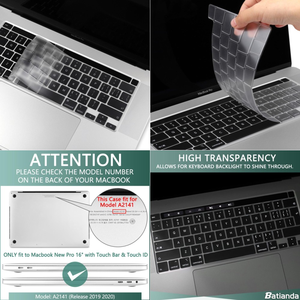 Batianda TPU Keyboard Cover for Macbook Pro 16 Inch Touchbar 2019 A2141 & Macbook Pro 13 Inch 2020 A