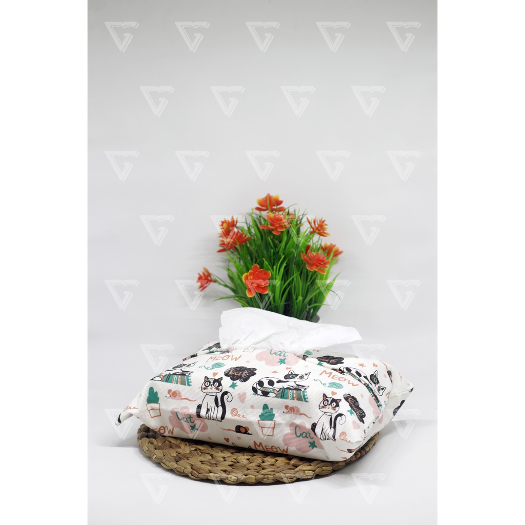 Tempat Tisu -Sarung Tisu - Cover Tissue - Box Tisu Kanvas - Wadah Tisu Motif KUCING MEOW