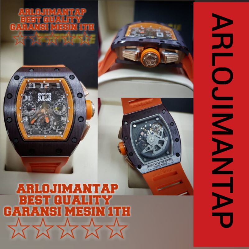 JAM TANGAN PRIA COWOK RM 011 BLACK ORANGE RUBBER SWISS ETA 1.1