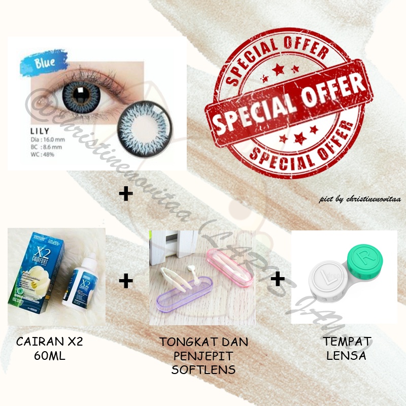 PAKET  SOFTLENS LILY BY IRIS LAB 16MM BIG EYES (NORMAL) + CAIRAN X2 60 ML + PENJEPIT / PINSET