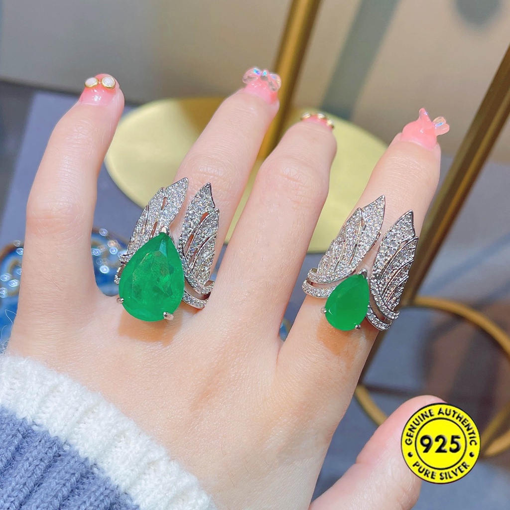 Cincin Sterling Silver 925 Model Terbuka Adjustable Dengan Emerald Untuk Wanita