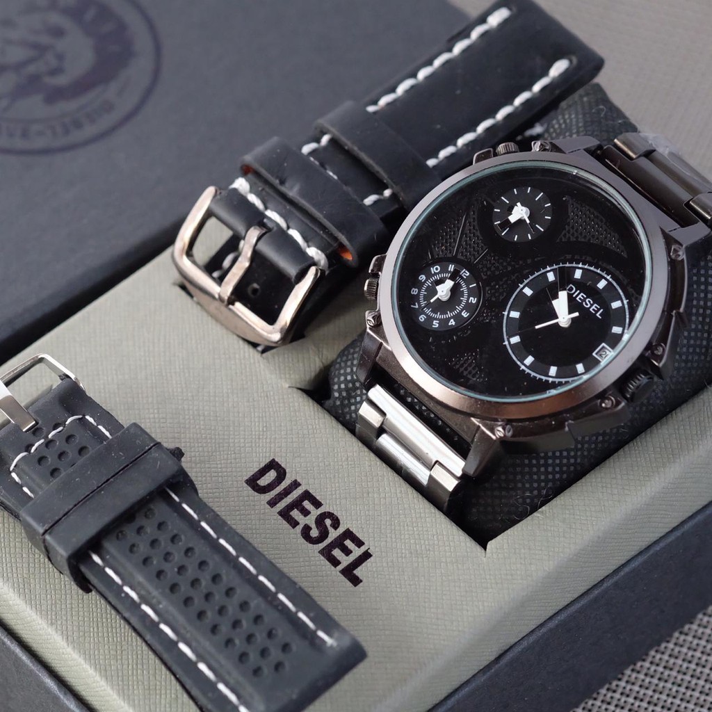 Jam Tangan Pria Cowok Diesel Super Triple Time Tanggal Tali Kulit