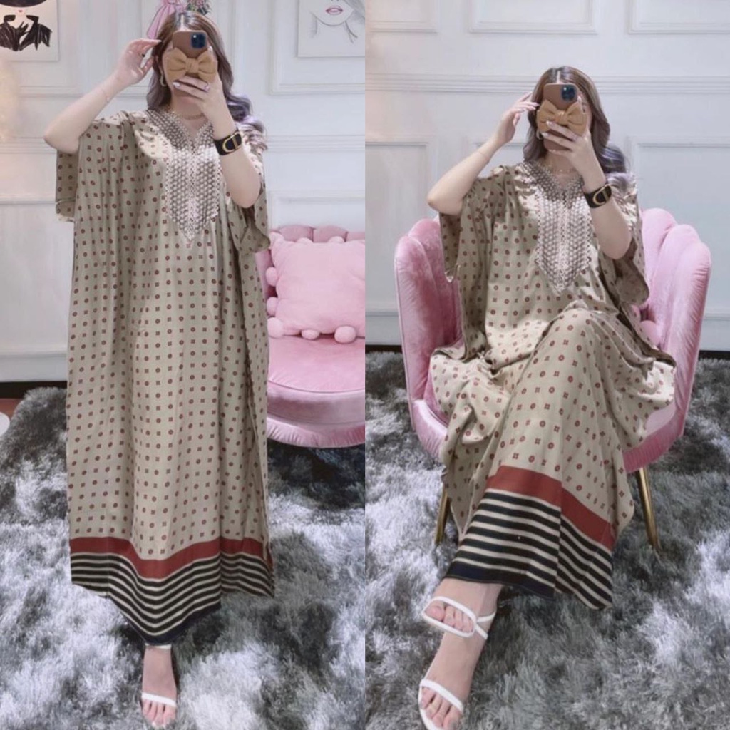 Kaftan Wanita Arabian Polkadot Renda Rayon Viscose Premium Maxy Dress Lengan Pendek Fashion Wanita Kekinian LD 130 cm