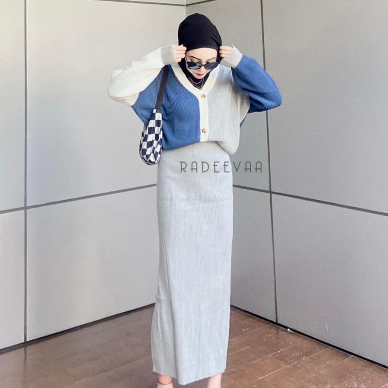 ONE SET RAJUT KNIT CARDIGAN THREE TONE ROK SPAN KNITTED PREMIUM KOREAN