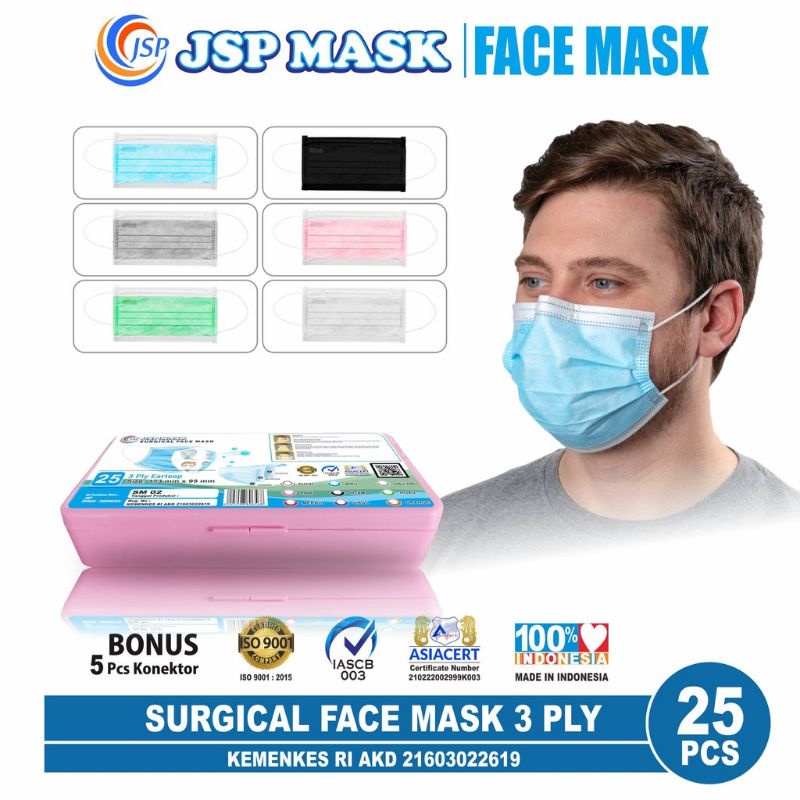 JSP earloop surgical mask 25 pcs free konecktor dan kotak masker