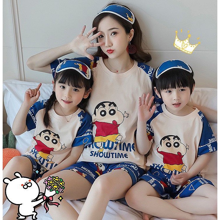 Piyama Couple Ibu dan Anak Import Pendek - Set Baju Tidur Katun Shinchan Krem Biru