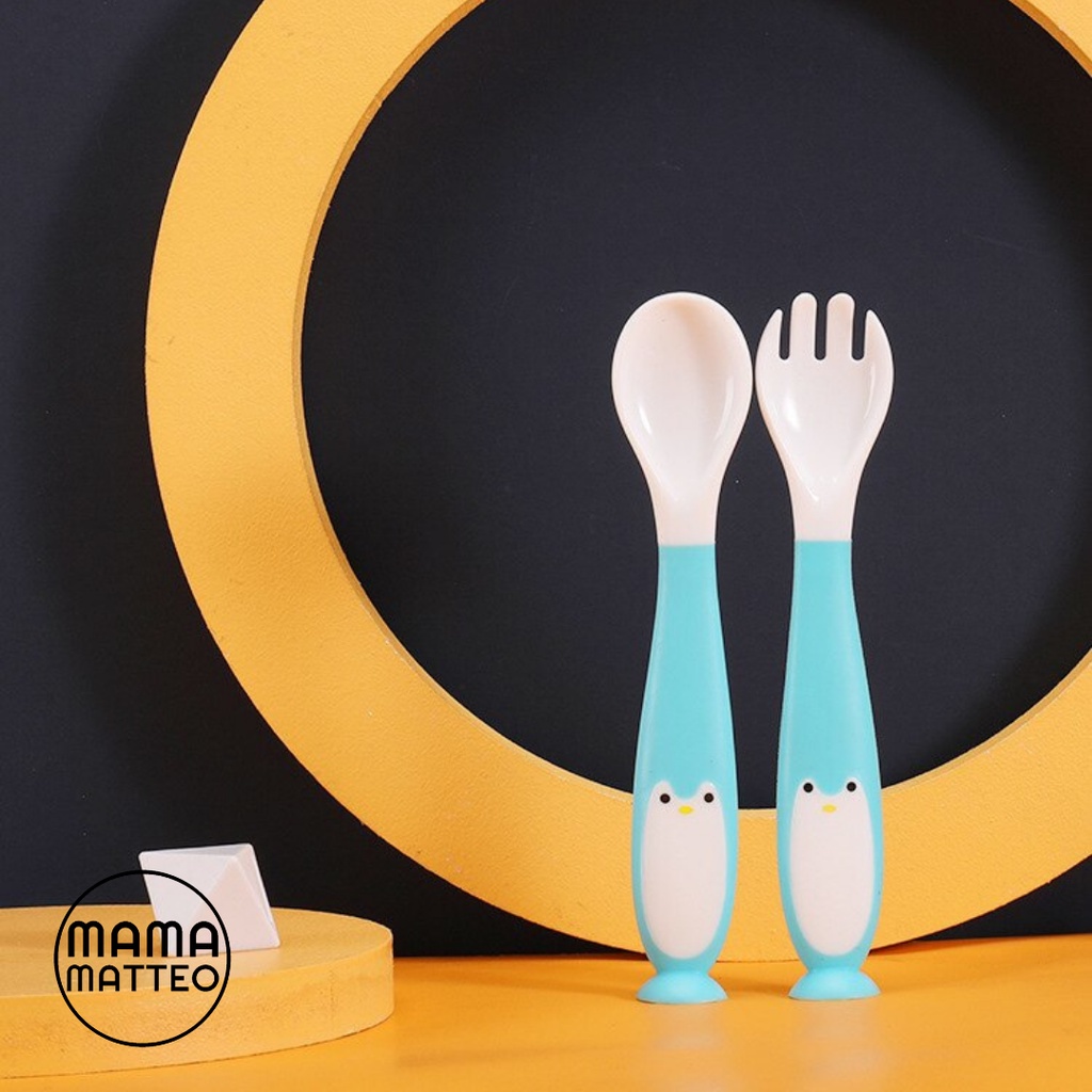 Sendok Garpu Set Makan Bayi Silikon Lentur untuk Anak Motif Penguin / Kids Baby Spoon Fork Set MPASI Bahan Silicone / Warna Pink Orange Tosca Biru Tua