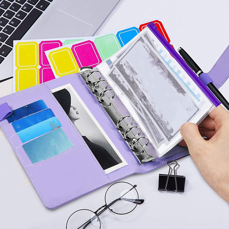 A6 PU Macaroon Loose-Leaf Binder Cover Buku Harian Buku Catatan Jurnal Perencana Penyimpanan Uang Tunai Amplop Tagihan dengan 10 pcs Folder Label Gratis