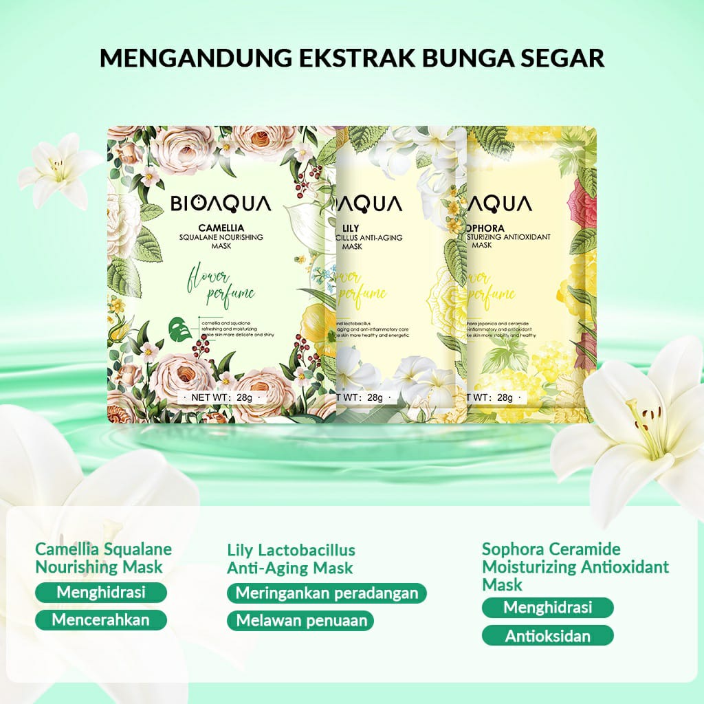 BIOAQUA Sheet Mask Masker Wajah Flowers Series (28g/pcs) Hydrating Essence Face Mask Brightening dan Anti Acne / BB