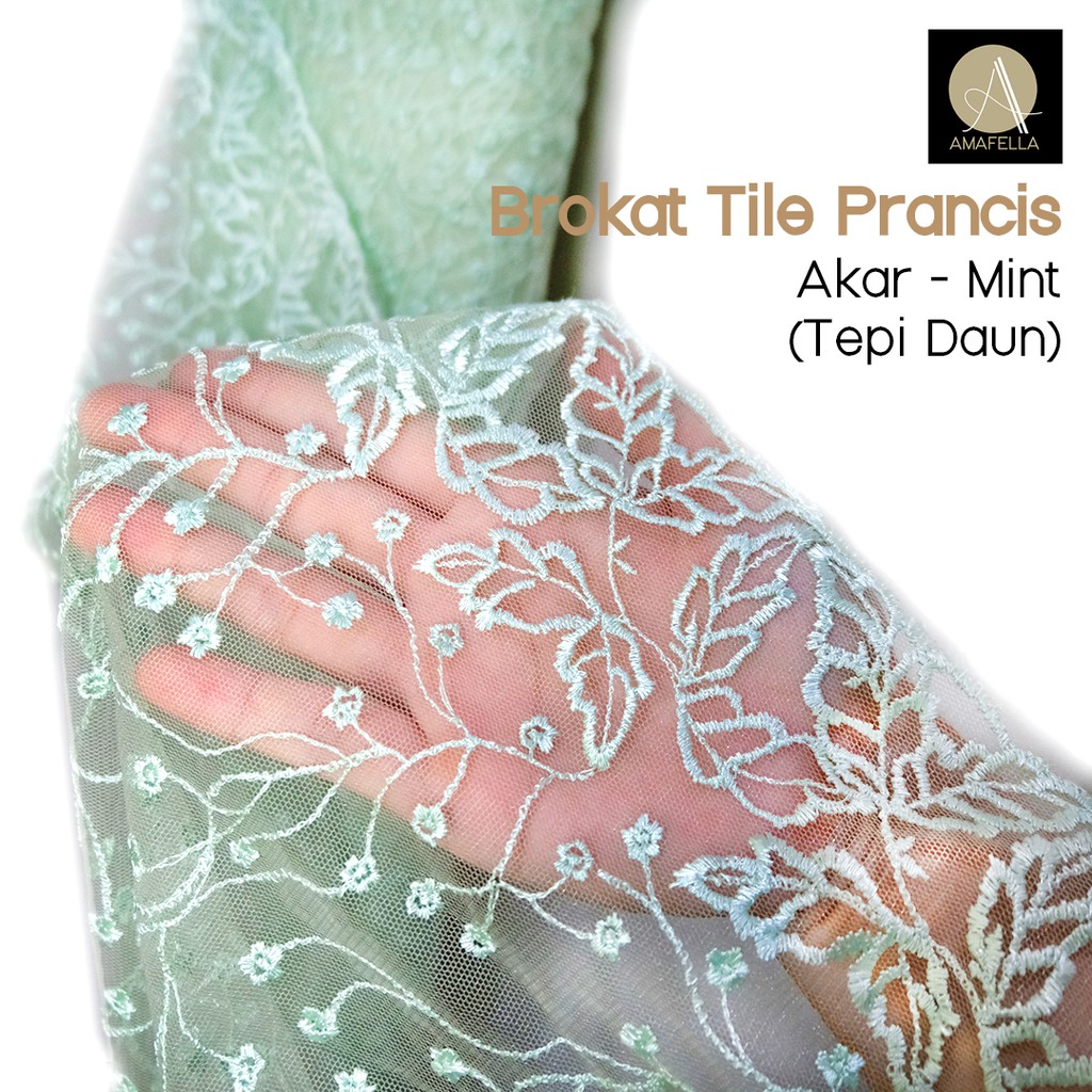 1/2 meter Kain Brokat Brukat Tile Prancis Bahan Kebaya Motif Akar Warna Light Turquoise / Mint