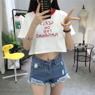  Kaos  T shirt Wanita Model Crop  top Lengan Pendek Dengan 