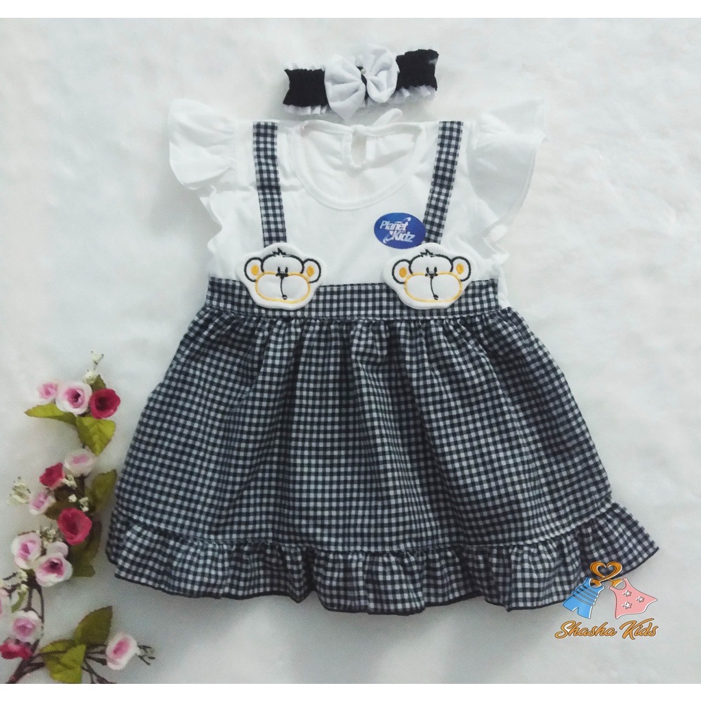 [S-01] Baju Bayi Perempuan/Dress Bayi  Perempuan Planet Kids monyet  Murah   0-6 bln Bonus BANDANA