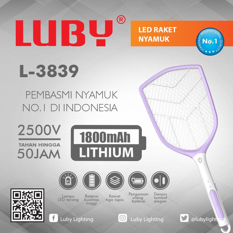 Luby Raket Nyamuk Electric L3839 + 1 Senter LED Rechargeable Cable Bundle JUMBO Tahan Hingga 50 Jam