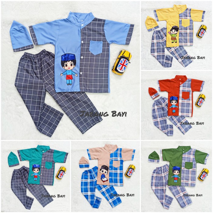 MURAH Baju Koko Muslim Setelan Anak Laki-laki Motif Kotak Anak Peci LED