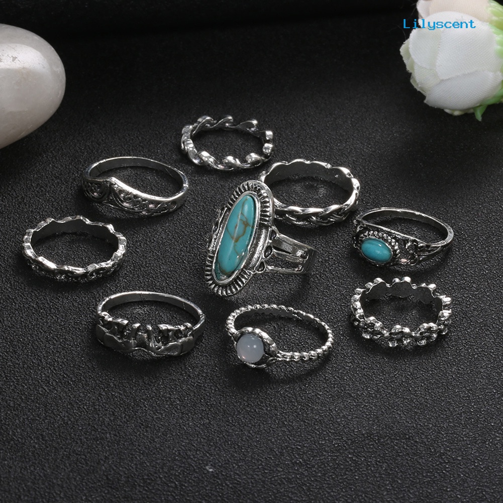 9 Pcs / Set Cincin Jari Turquoise Imitasi Gaya Retro Bohemian Untuk Wanita