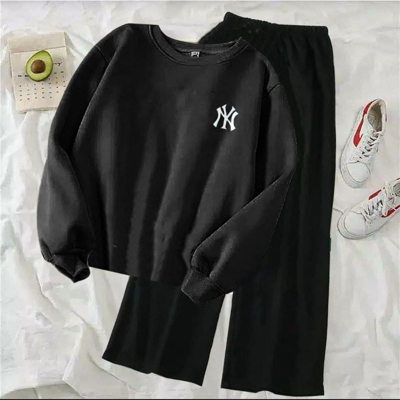 (COD)ST NY / Stelan Kulot Polos Wanita / Stelan Sweater Terlaris / Stelan NY Bordir / Sweater Lengan Panjang&Celana Kulot Viral-Hitam&Celana