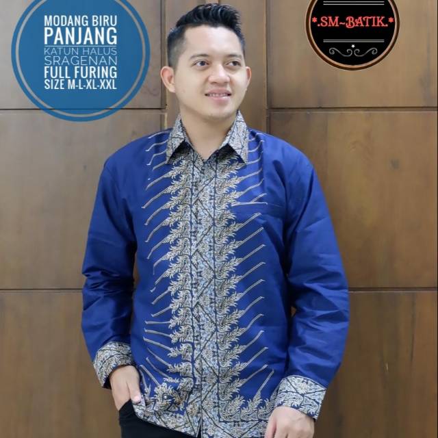 SM Batik - Modang Biru - Atasan Batik Pria - Lengan Panjang - Katun Halus Sragenan - Full Furing