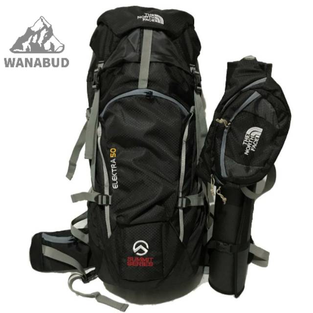 Paketan minimalis carrier tnf elektra hitam 50 up 60l waistbag hitam, matras