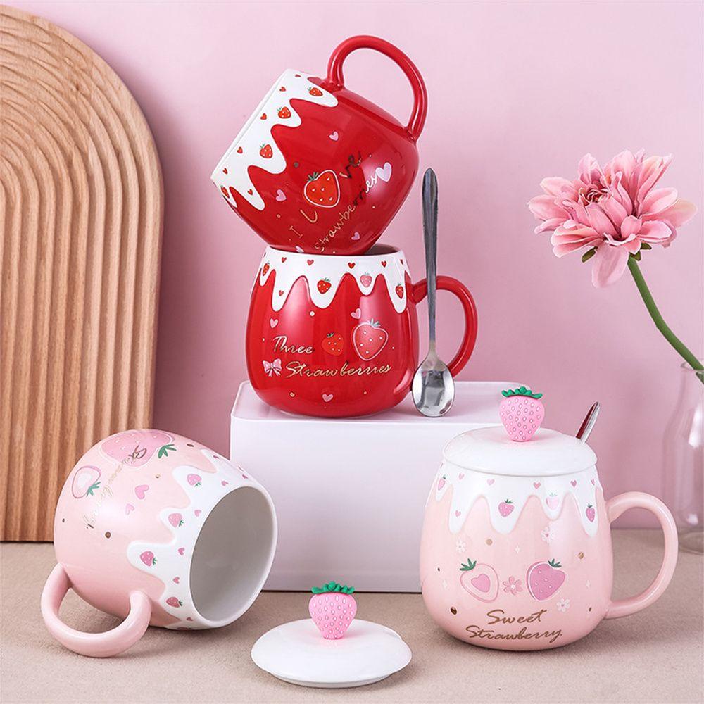 Solighter Strawberry Coffee Mug Sendok Porcelain Tempat Minum Keramik Lucu