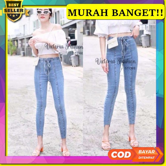 Celana Jeans Pinggang Karet Wanita Import Annora / Celana Jeans Wanita Victoria Highwaist Jeans Imp