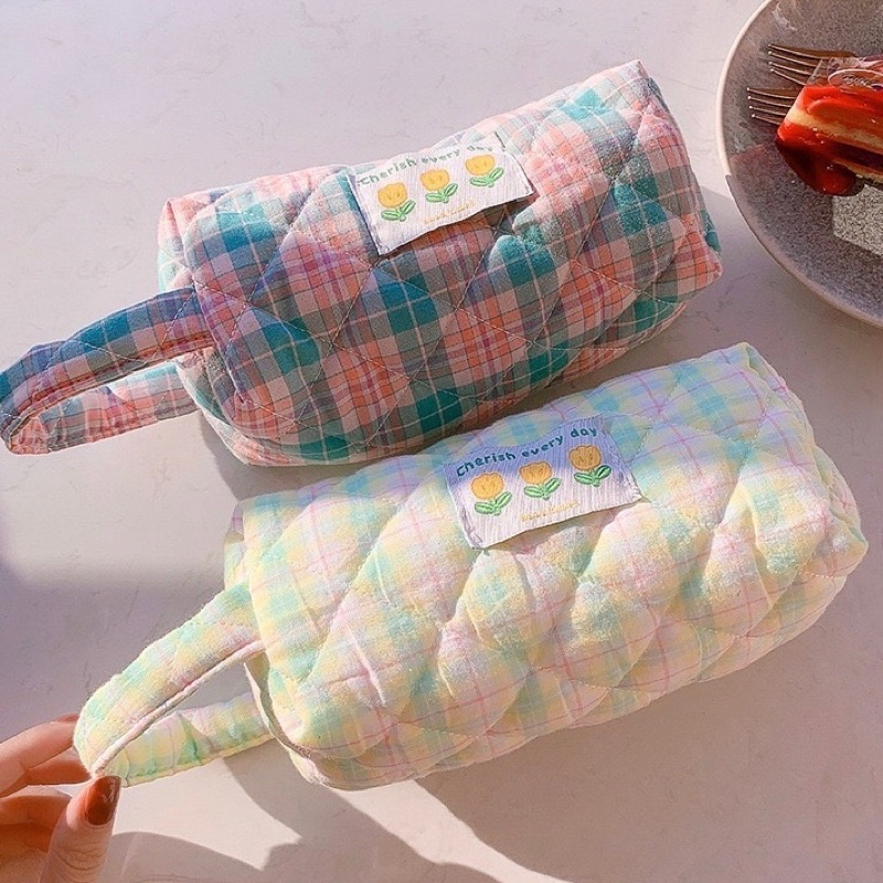 KENSHO Kotak Pensil Kain Flower Sleting Bunga Aesthetic Plaid Kotak Korea / Pencil Case Lucu Import / Flowers