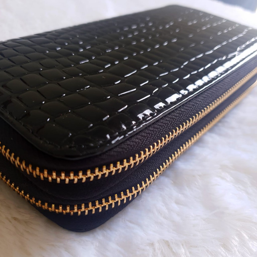 DOMPET WANITA 2 RESLETING IMPORT KULIT CROCO GLOSSY PANJANG HITAM KOREA MURAH PESTA BAILEY WA149B5