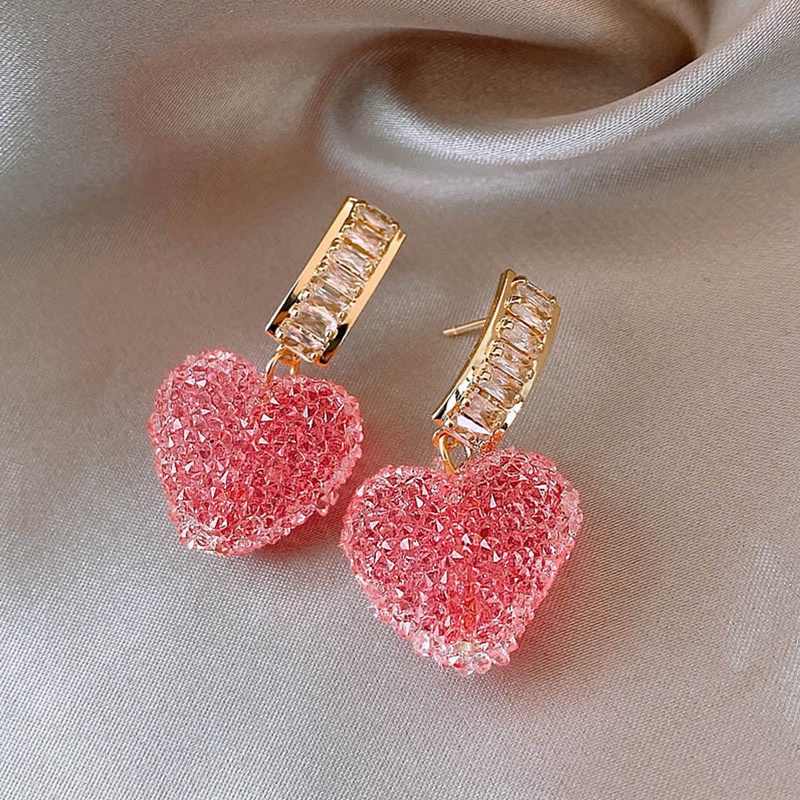 Anting Juntai Bentuk Hati Warna Pink Aksen Kristal Untuk Wanita