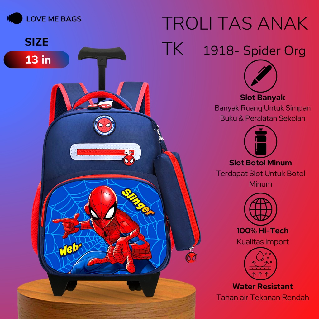 LMB Tas Troli Anak Laki Laki TK Import Gambar Karakter Superhero Bagian Depan Timbul 6D Bahan Nilon Kualitas Premium