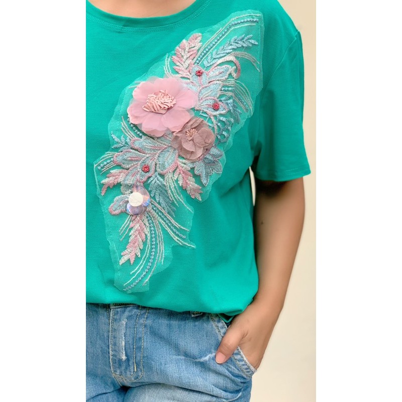 Kaos Bunga Aplikasi / Grosir Kaos / Grosir Kaos Import / Kaos Big Size Wanita