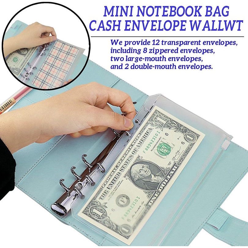 A6 Notebook Binder Budget Planner Organizer Cash Budget Envelope System Pu Leather with 12pcs Zipper Pockets and 2pcs Labels Stickers