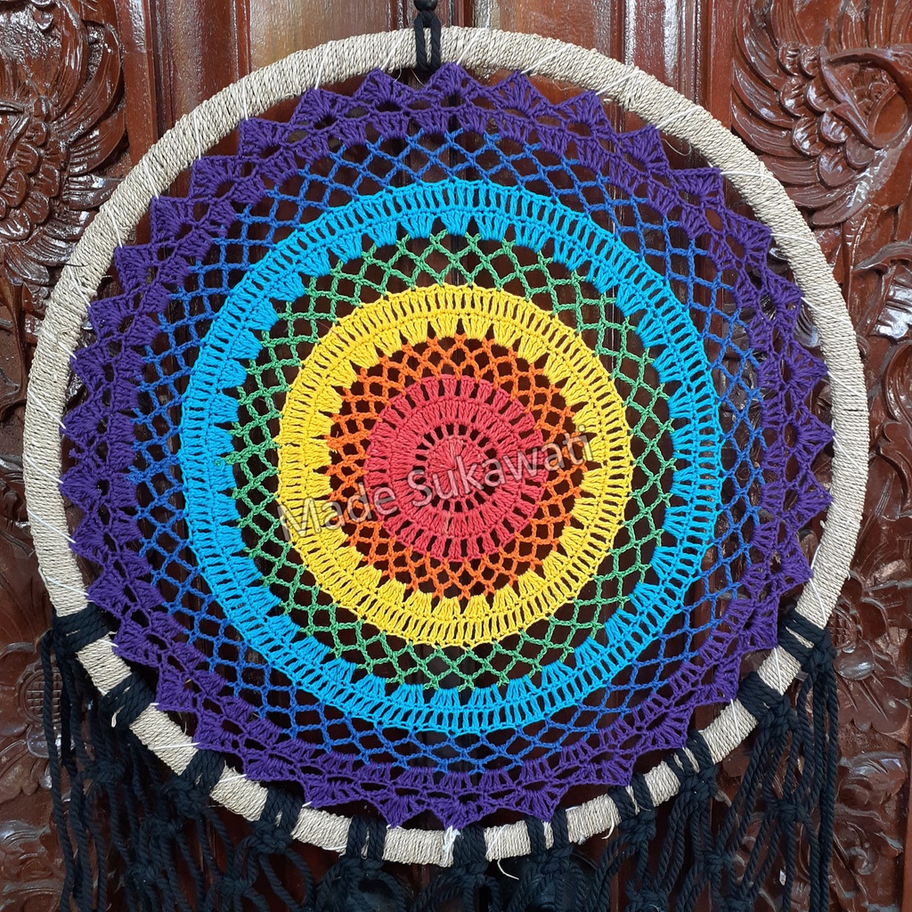 Dream catcher pelangi rasta 42cm lilit sulam rajut hiasan dekorasi