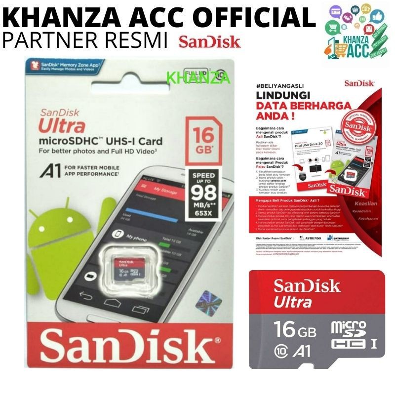 KHANZAACC Memory Card SanDisk Ultra MicroSD 16GB A1 98MB/s