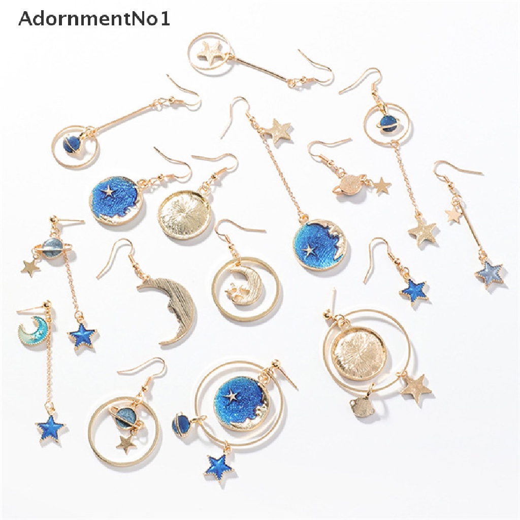 (AdornmentNo1) Anting Gantung Panjang Tusuk Motif Bulan + Bintang + Planet Biru Untuk Perhiasan Wanita