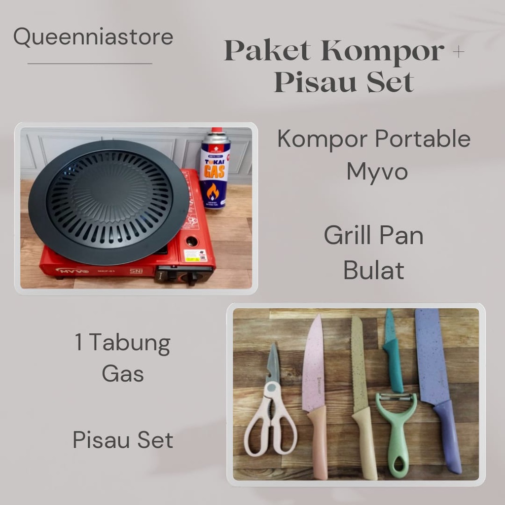 Paket Kompor Portable + Grillpan + Gas + Pisau Set