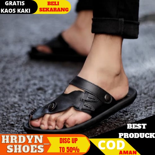 Sendal Jepit Casual Kulit Asli Pria | HDS x CVNY | Lucky Black