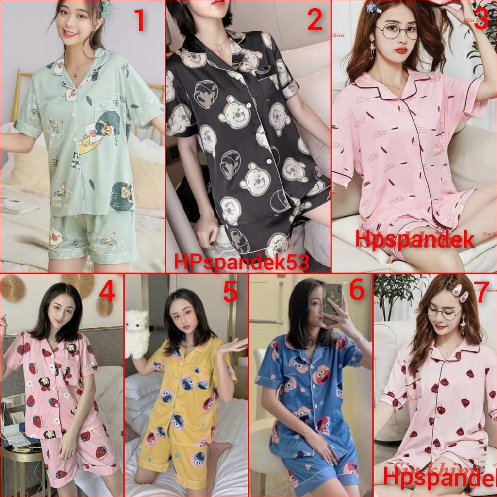 Baju tidur piyama lengan pendek celana pendek bahan spandek import HPspandek53