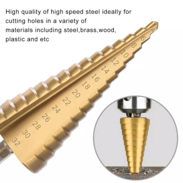 Nuansa - Mata Bor Pagoda Spiral Kerucut Titanium HSS Step Cone Drill Bits Lubang Besi Kayu Plastik dll