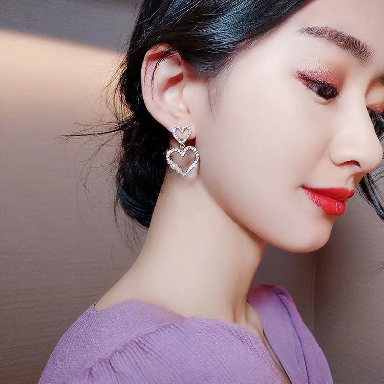 Korea mutiara bertatahkan Berlian baru sterling silver jarum anting-anting anting-anting double anti