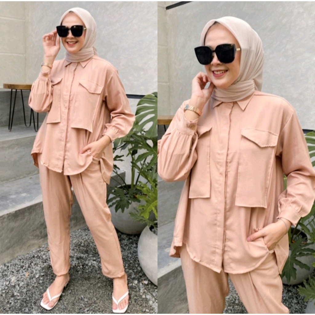 Setelan Crinkle Airflow Refina- Setelan wanita Refina kantong dua crinkle airflow polos premium