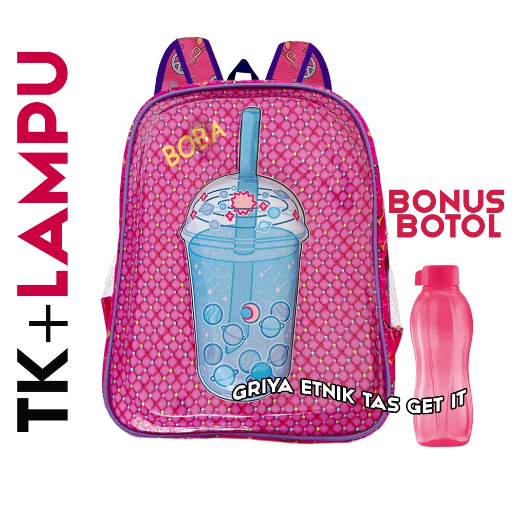 Tas Sekolah Anak Perempuan TK Paud Mixue Boba Led Gratis Botol