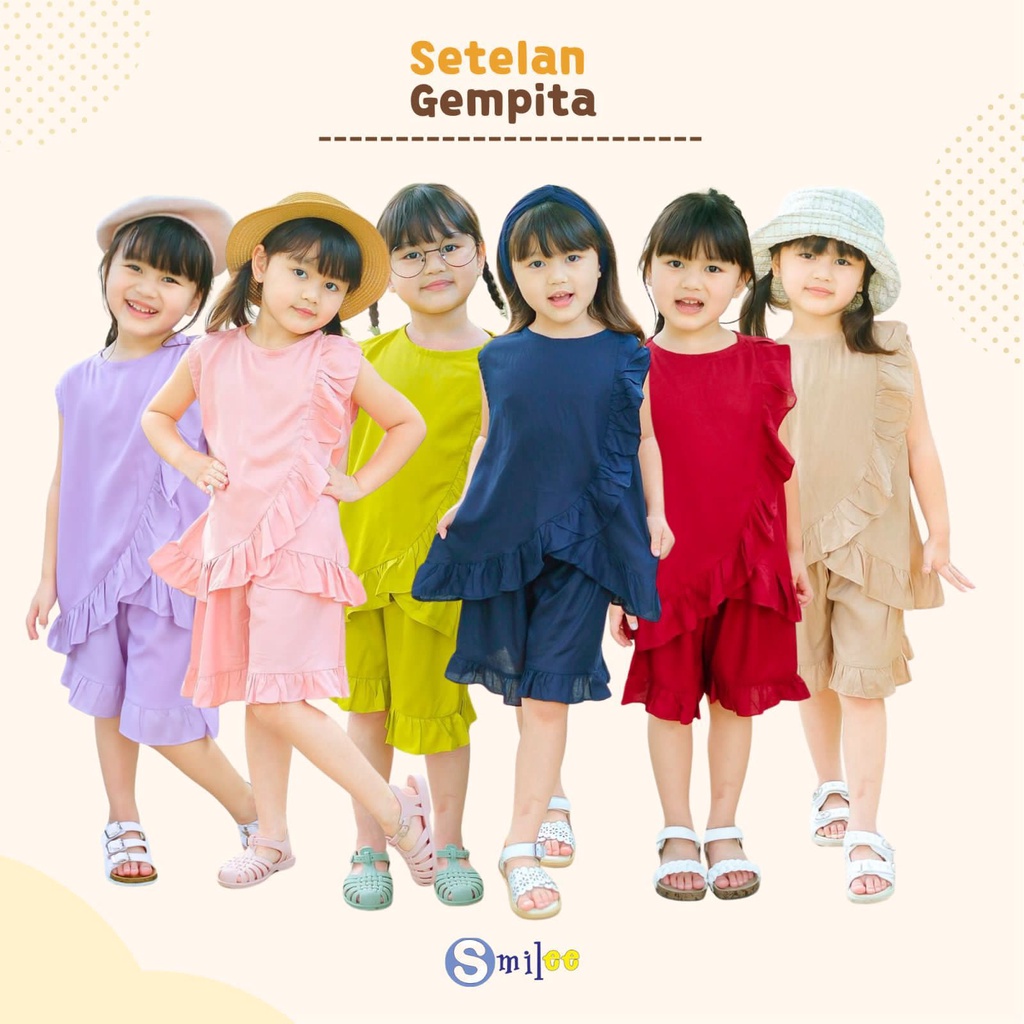 PROMO 7.7 Setelan Gempita Ruffle 1 - 5 Tahun Smilee Setelan Ruffle Gempita Rayon Anak Lucu Adem